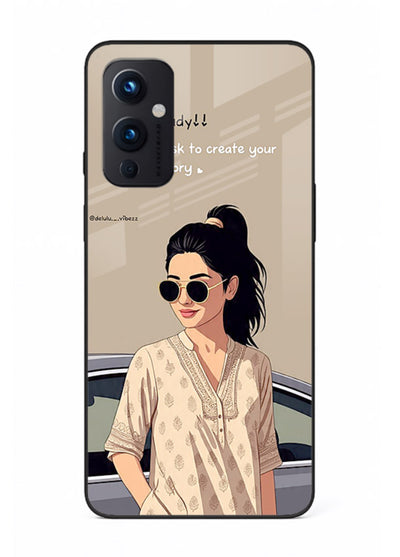 Confident woman illustration printed on OnePlus 9 Pro glass back cover with bold tones.