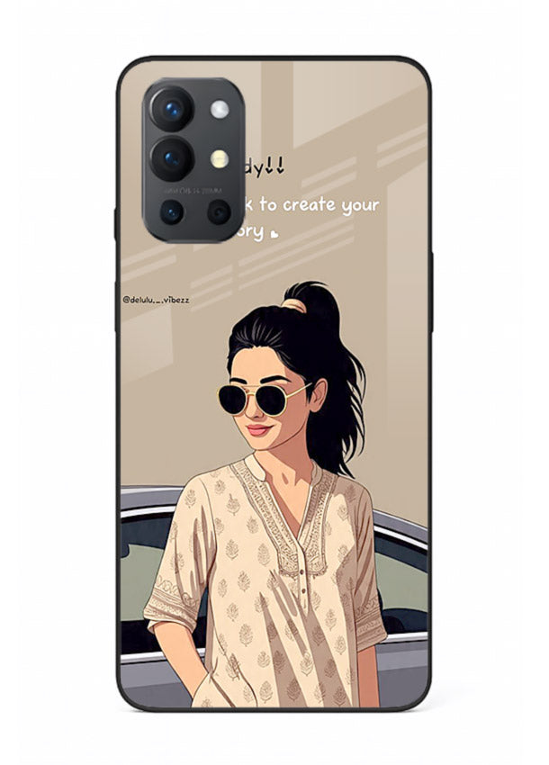 Confident woman illustration printed on OnePlus 9R glass back cover with bold tones.