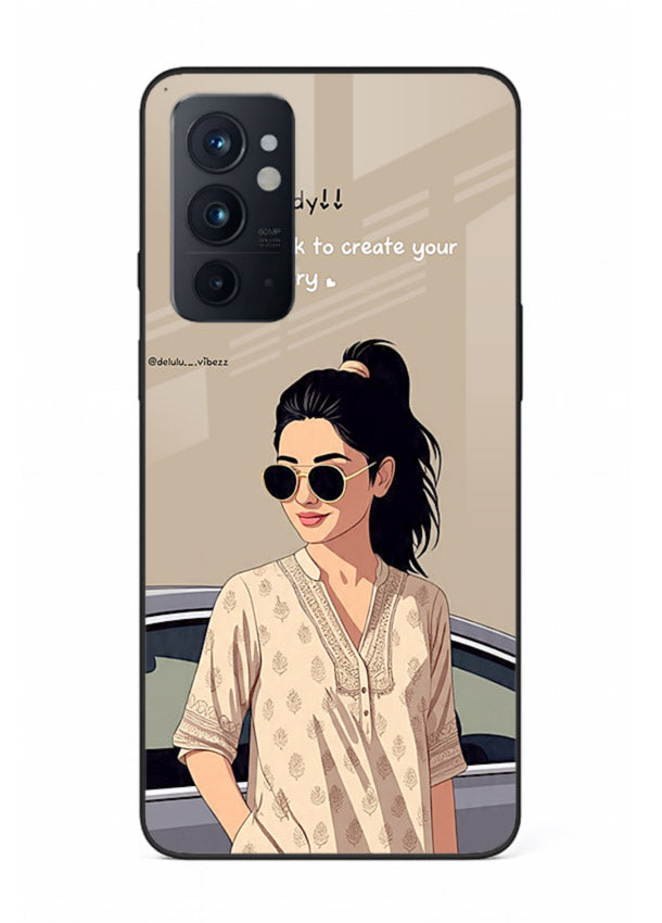 Confident woman illustration printed on OnePlus 9RT glass back cover with bold tones.