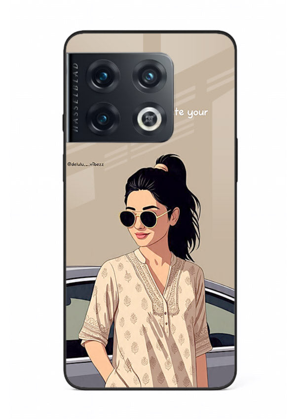 Confident woman illustration printed on OnePlus 10 Pro glass back cover with bold tones.
