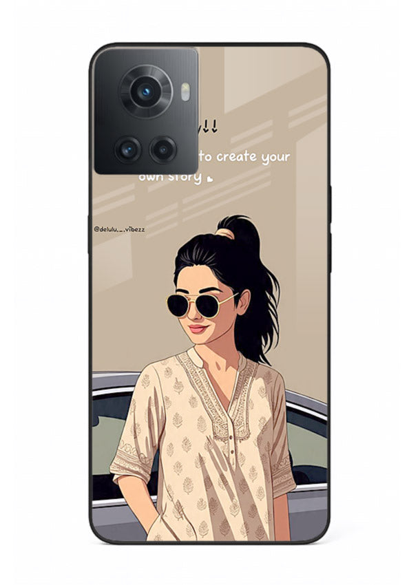 Confident woman illustration printed on OnePlus 10R glass back cover with bold tones.