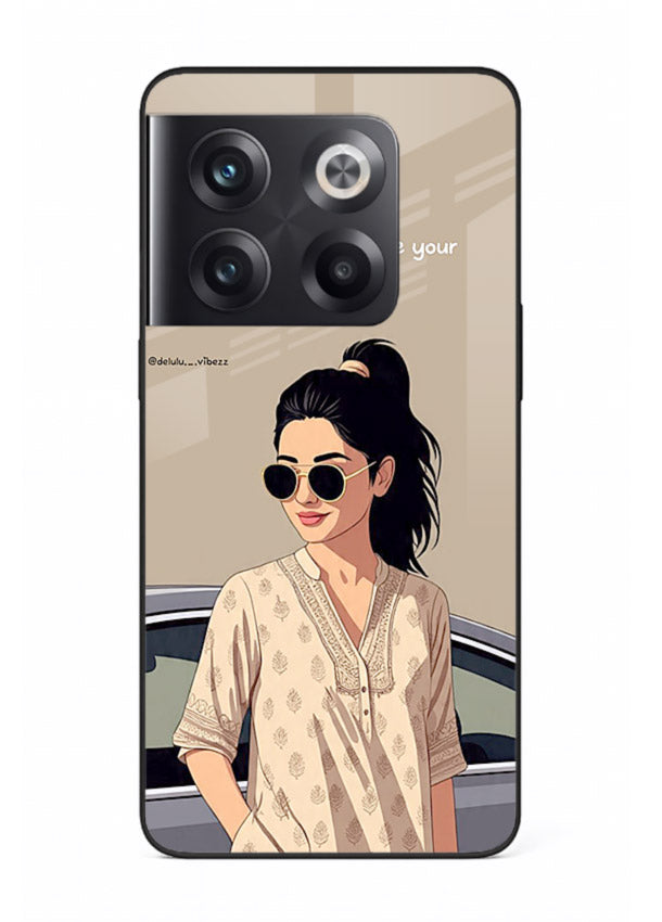 Confident woman illustration printed on OnePlus 10T glass back cover with bold tones.