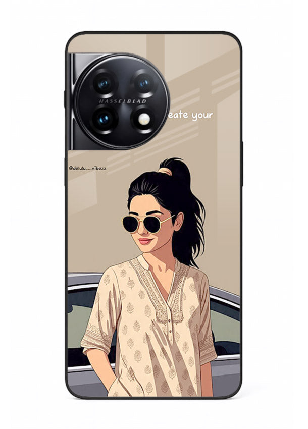 Confident woman illustration printed on OnePlus 11R glass back cover with bold tones.