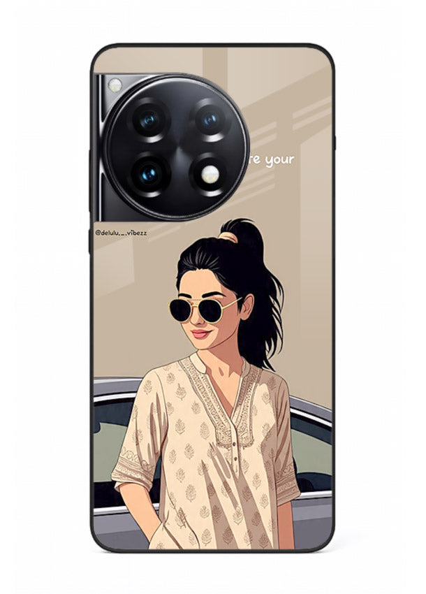 Confident woman illustration printed on OnePlus 12R glass back cover with bold tones.