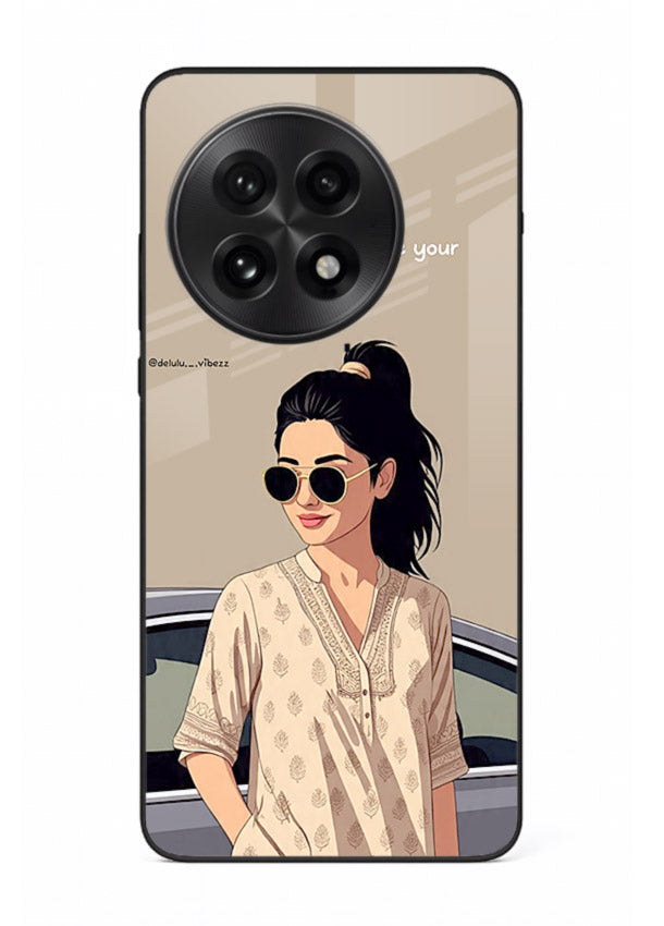 Confident woman illustration printed on OnePlus 13 glass back cover with bold tones.
