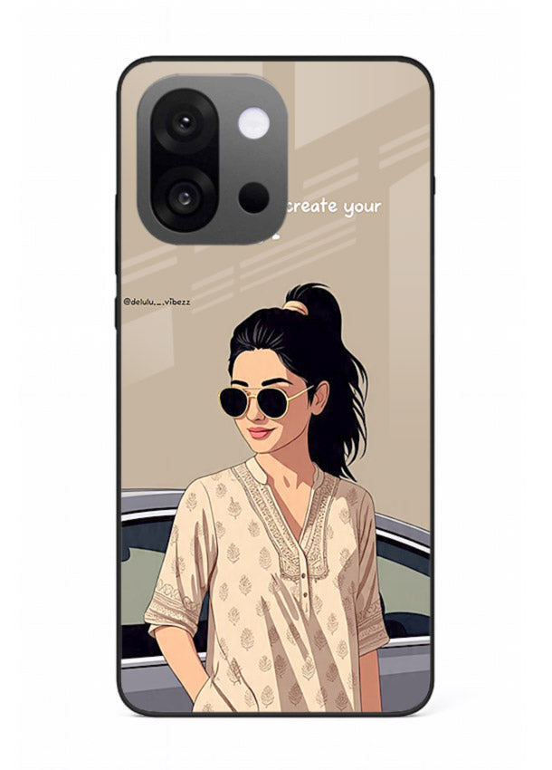 Confident woman illustration printed on OnePlus 13s glass back cover with bold tones.