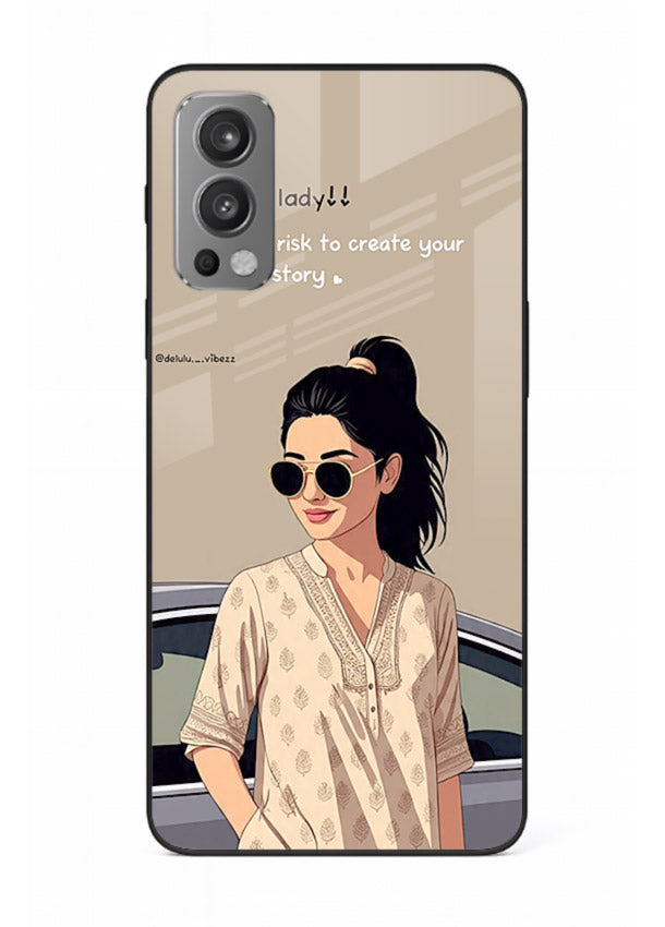 Confident woman illustration printed on OnePlus Nord 2 glass back cover with bold tones.