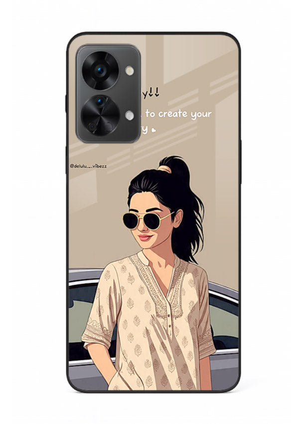 Confident woman illustration printed on OnePlus Nord 2T glass back cover with bold tones.