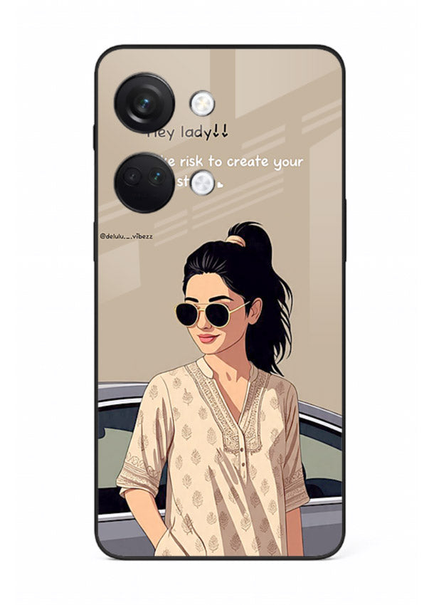 Confident woman illustration printed on OnePlus Nord 3 glass back cover with bold tones.