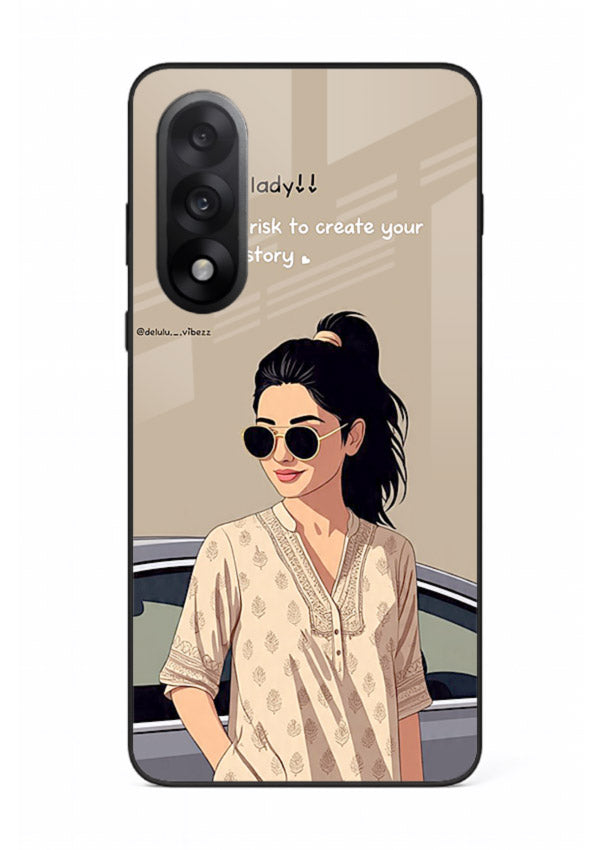 Confident woman illustration printed on OnePlus Nord 5 glass back cover with bold tones.