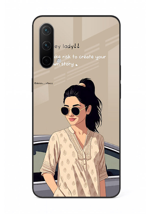 Confident woman illustration printed on OnePlus Nord CE 5G glass back cover with bold tones.