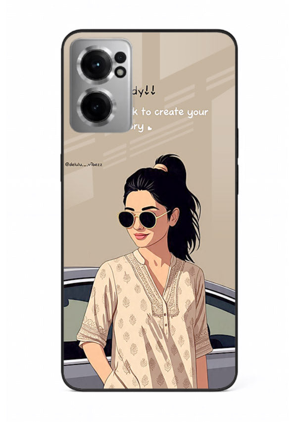 Confident woman illustration printed on OnePlus Nord CE2 5G glass back cover with bold tones.