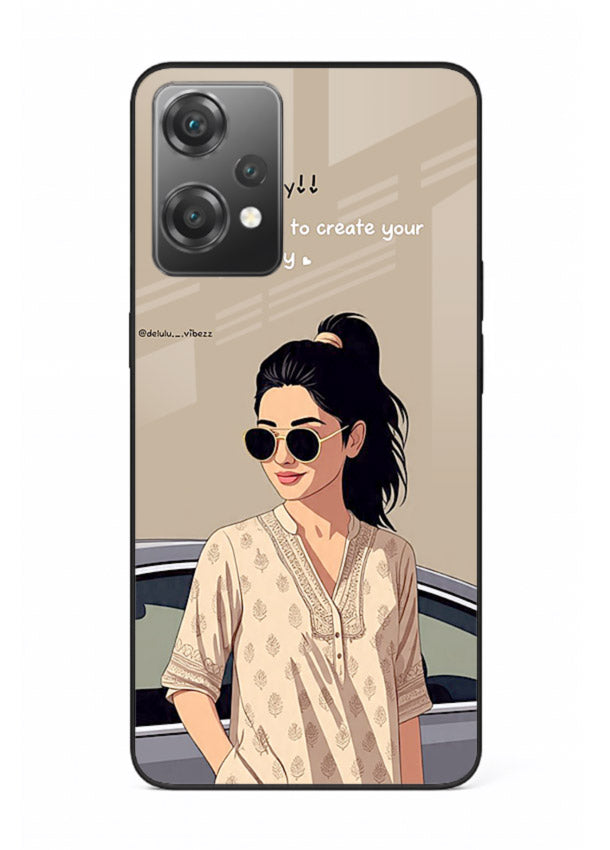 Confident woman illustration printed on OnePlus Nord CE2 Lite 5G glass back cover with bold tones.