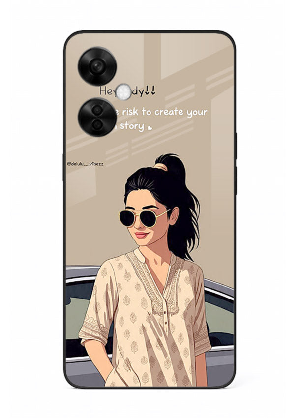 Confident woman illustration printed on OnePlus Nord CE3 Lite glass back cover with bold tones.