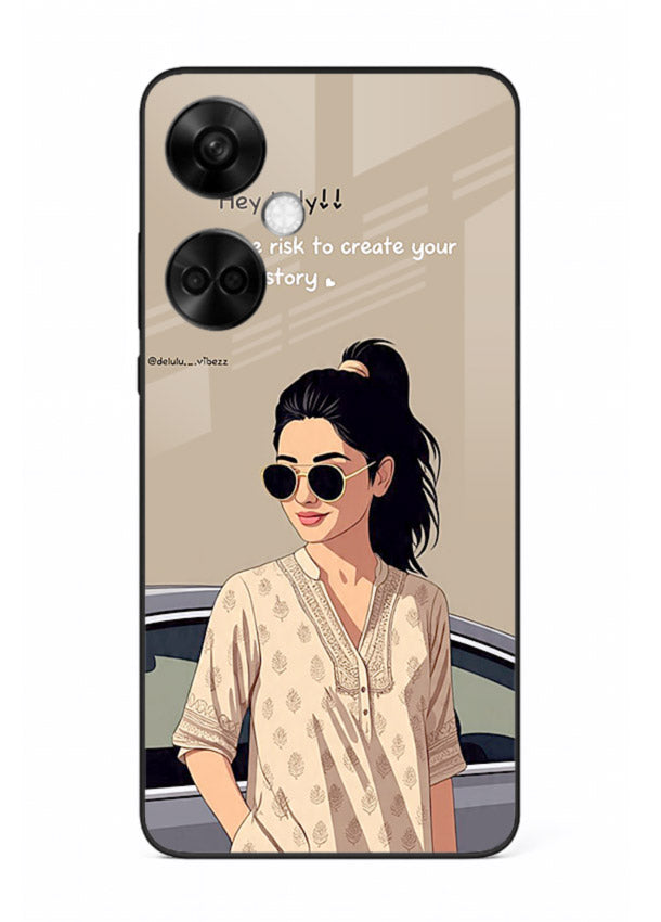 Confident woman illustration printed on OnePlus Nord CE3 glass back cover with bold tones.
