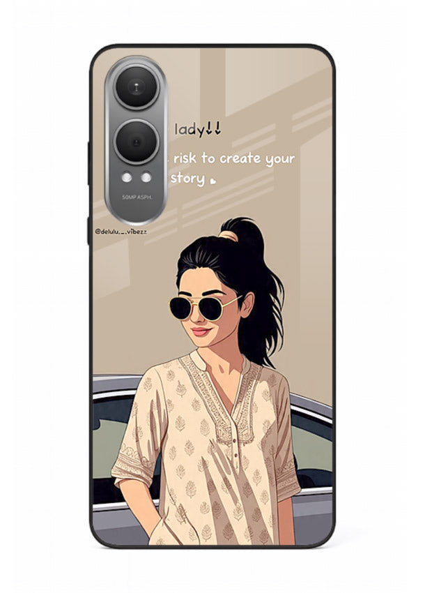 Confident woman illustration printed on OnePlus Nord CE4 Lite glass back cover with bold tones.