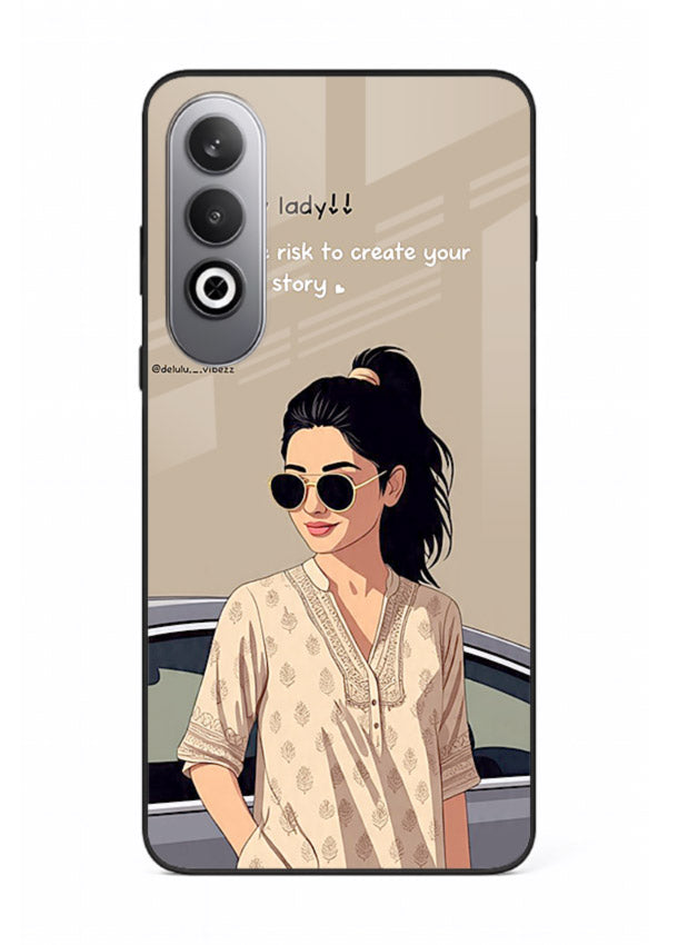 Confident woman illustration printed on OnePlus Nord CE4 glass back cover with bold tones.