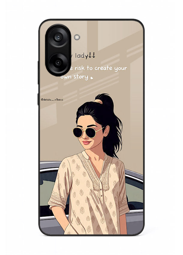 Confident woman illustration printed on OnePlus Nord CE5 glass back cover with bold tones.