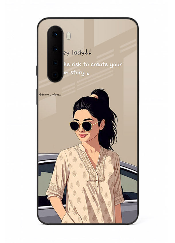 Confident woman illustration printed on OnePlus Nord glass back cover with bold tones.