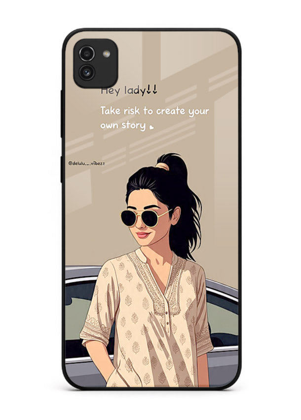 Confident woman illustration printed on Samsung A03 glass back cover with bold tones.
