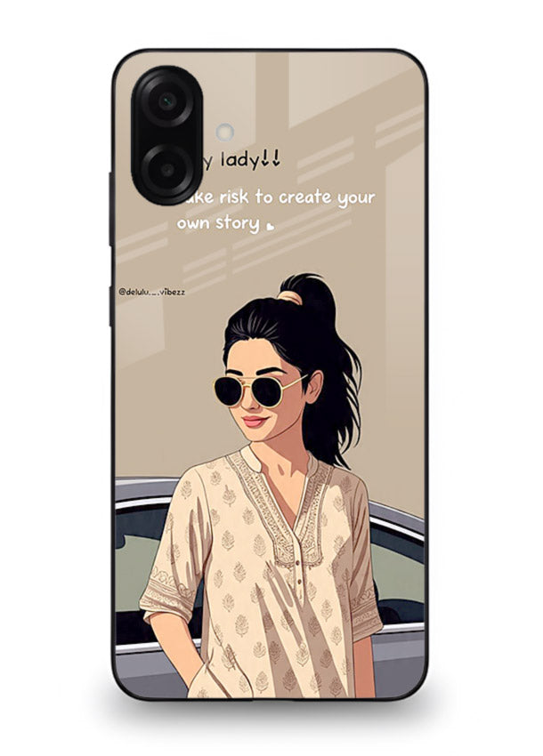 Confident woman illustration printed on Samsung M13 5G glass back cover with bold tones.
