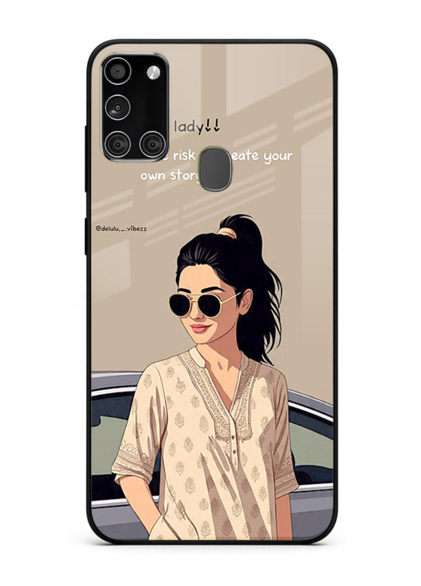 Confident woman illustration printed on Samsung A21s glass back cover with bold tones.