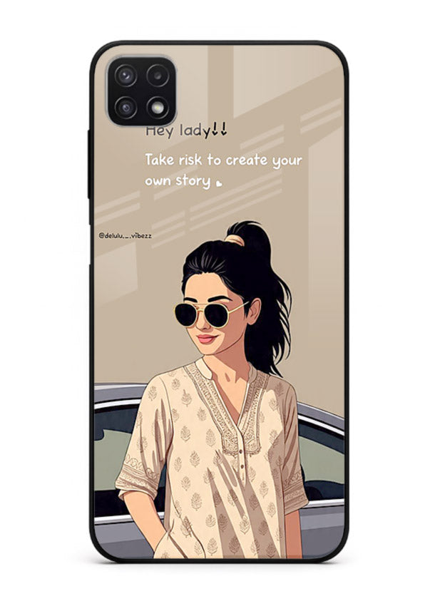 Confident woman illustration printed on Samsung F42 5G glass back cover with bold tones.
