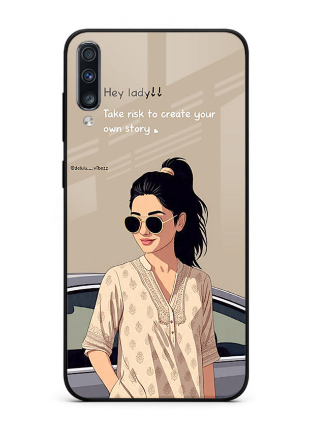 Confident woman illustration printed on Samsung A70 glass back cover with bold tones.