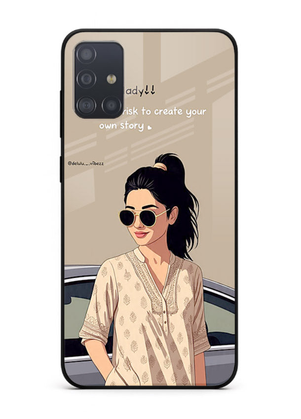 Confident woman illustration printed on Samsung A71 glass back cover with bold tones.