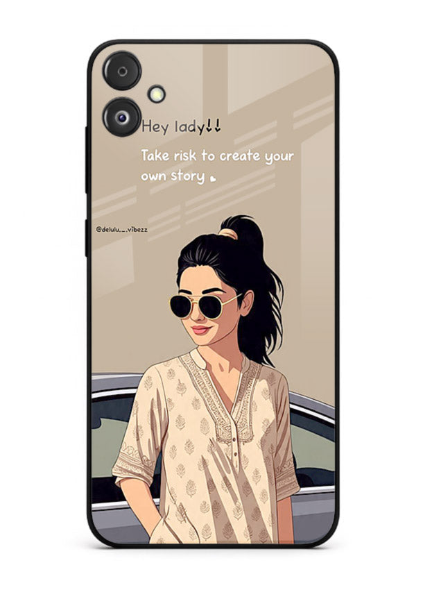 Confident woman illustration printed on Samsung F14 5G glass back cover with bold tones.