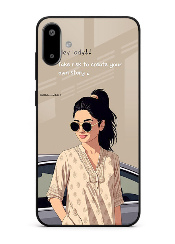 Confident woman illustration printed on Samsung F06 5G glass back cover with bold tones.