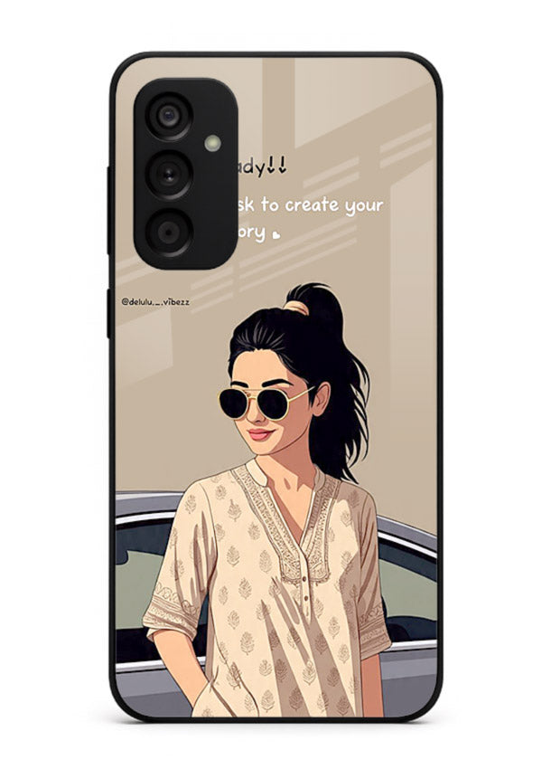 Confident woman illustration printed on Samsung F54 5G glass back cover with bold tones.
