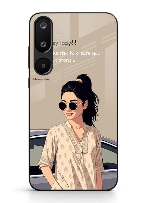 Confident woman illustration printed on Samsung M16 5G glass back cover with bold tones.