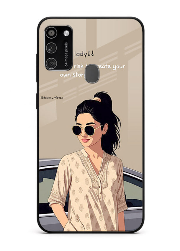 Confident woman illustration printed on Samsung M21 glass back cover with bold tones.
