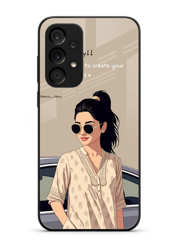 Confident woman illustration printed on Samsung A23 5G glass back cover with bold tones.