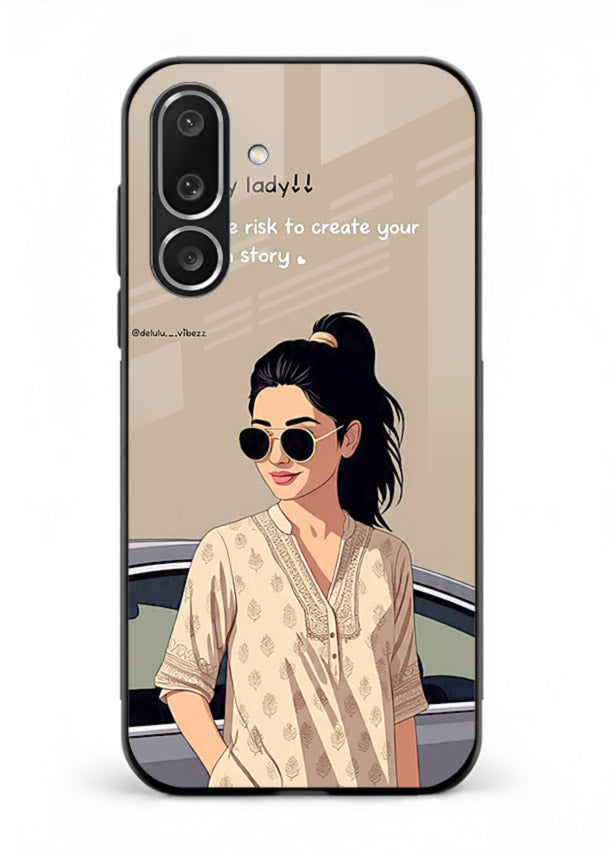 Confident woman illustration printed on Samsung M56 5G glass back cover with bold tones.
