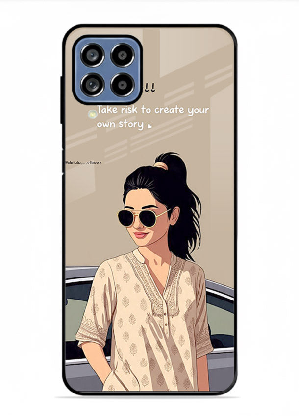 Confident woman illustration printed on Samsung F12 5G glass back cover with bold tones.