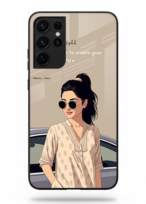 Confident woman illustration printed on Samsung S21 Ultra glass back cover with bold tones.