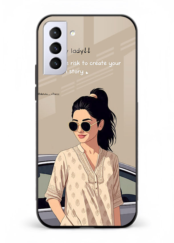 Confident woman illustration printed on Samsung S21 Plus glass back cover with bold tones.
