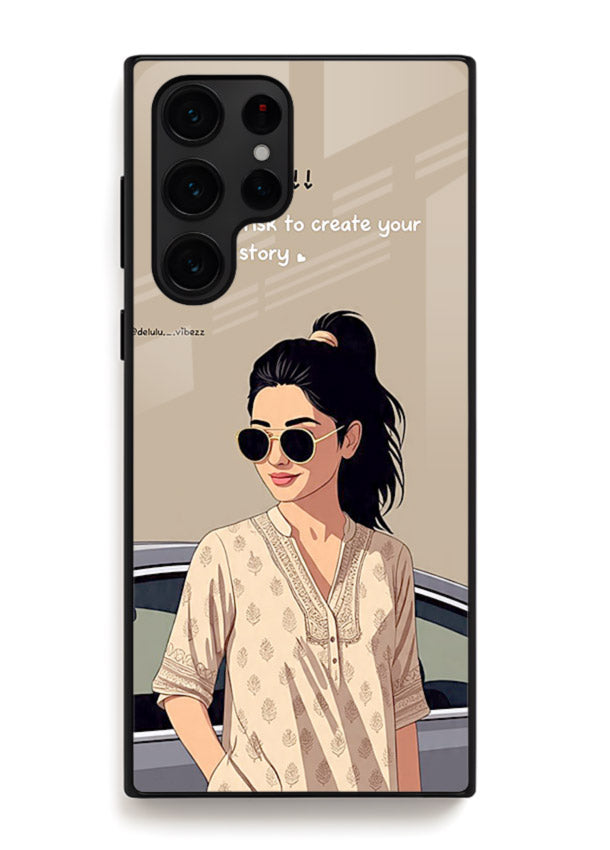 Confident woman illustration printed on Samsung S23 Ultra glass back cover with bold tones.