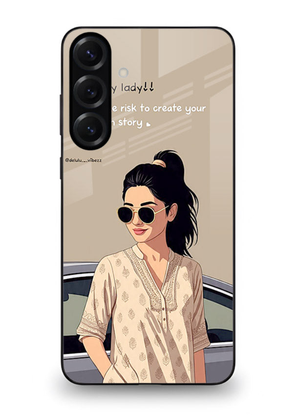 Confident woman illustration printed on Samsung A25 5G glass back cover with bold tones.