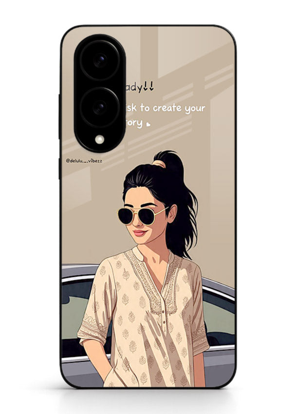 Confident woman illustration printed on Samsung S25 Edge glass back cover with bold tones.