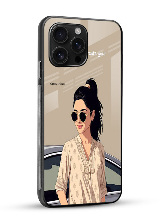 Confident woman illustration printed on glossy vibrant premium glass back cover with bold tones. - Angle Side