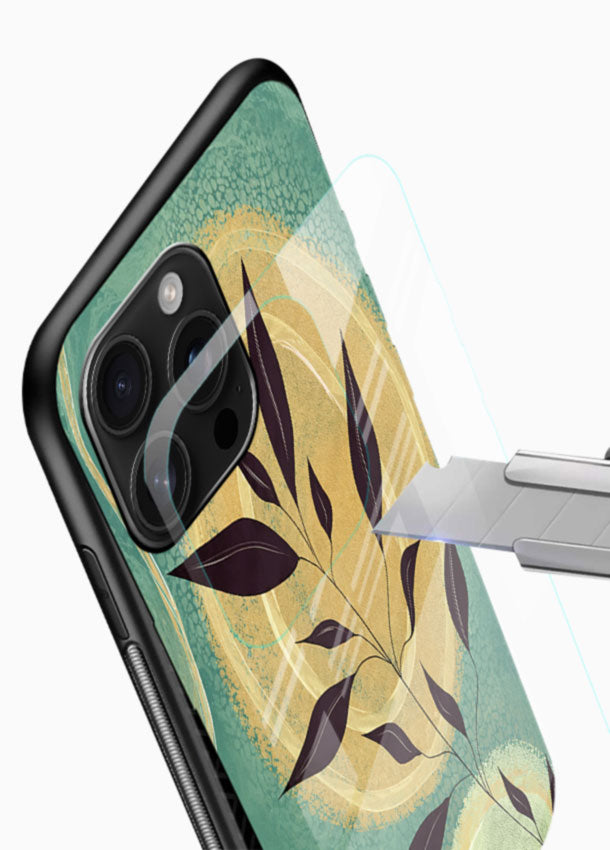 Teal botanical leaf glass back cover with minimalist leaf branch design - 4