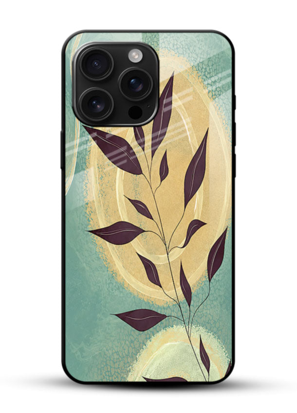 Teal botanical leaf glass back cover with minimalist leaf branch design - 1