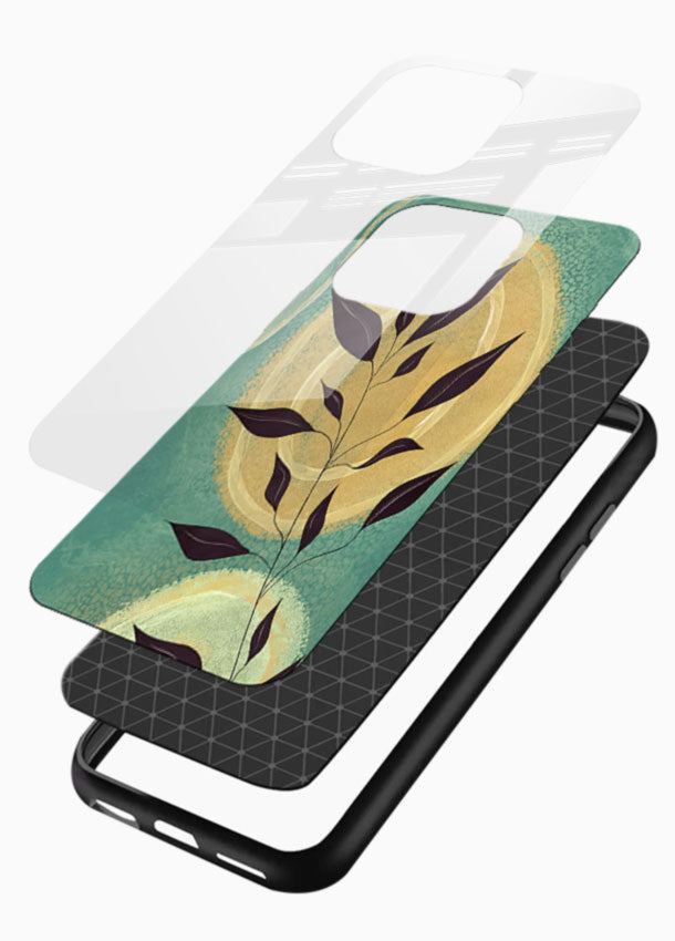 Teal botanical leaf glass back cover with minimalist leaf branch design - 3