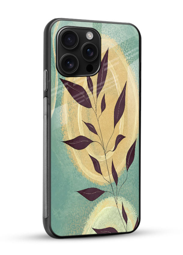 Teal botanical leaf glass back cover with minimalist leaf branch design - 2