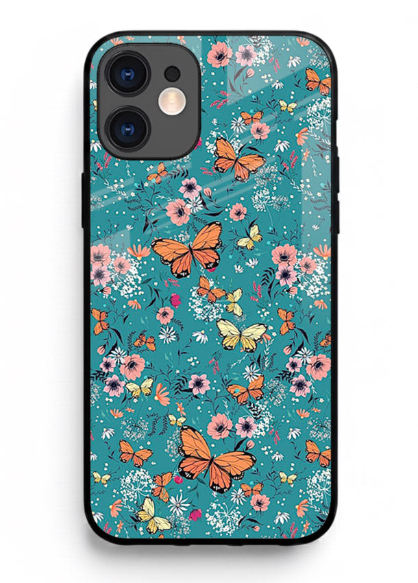 Teal Butterfly Florals botanical butterfly pattern iphone 12 mini glass back cover