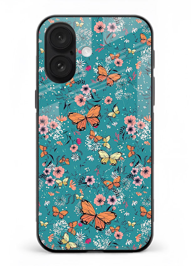 Teal Butterfly Florals botanical butterfly pattern iphone 18 glass back cover