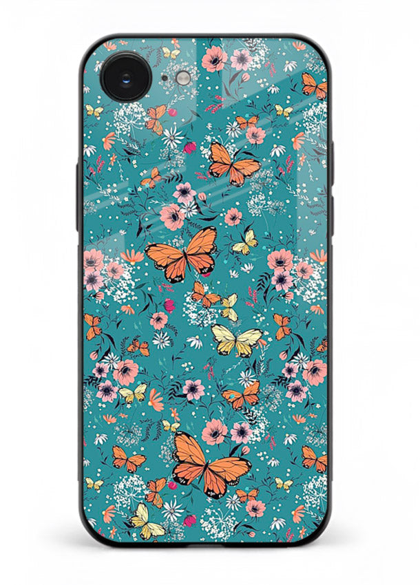 Teal Butterfly Florals botanical butterfly pattern iphone 16e glass back cover